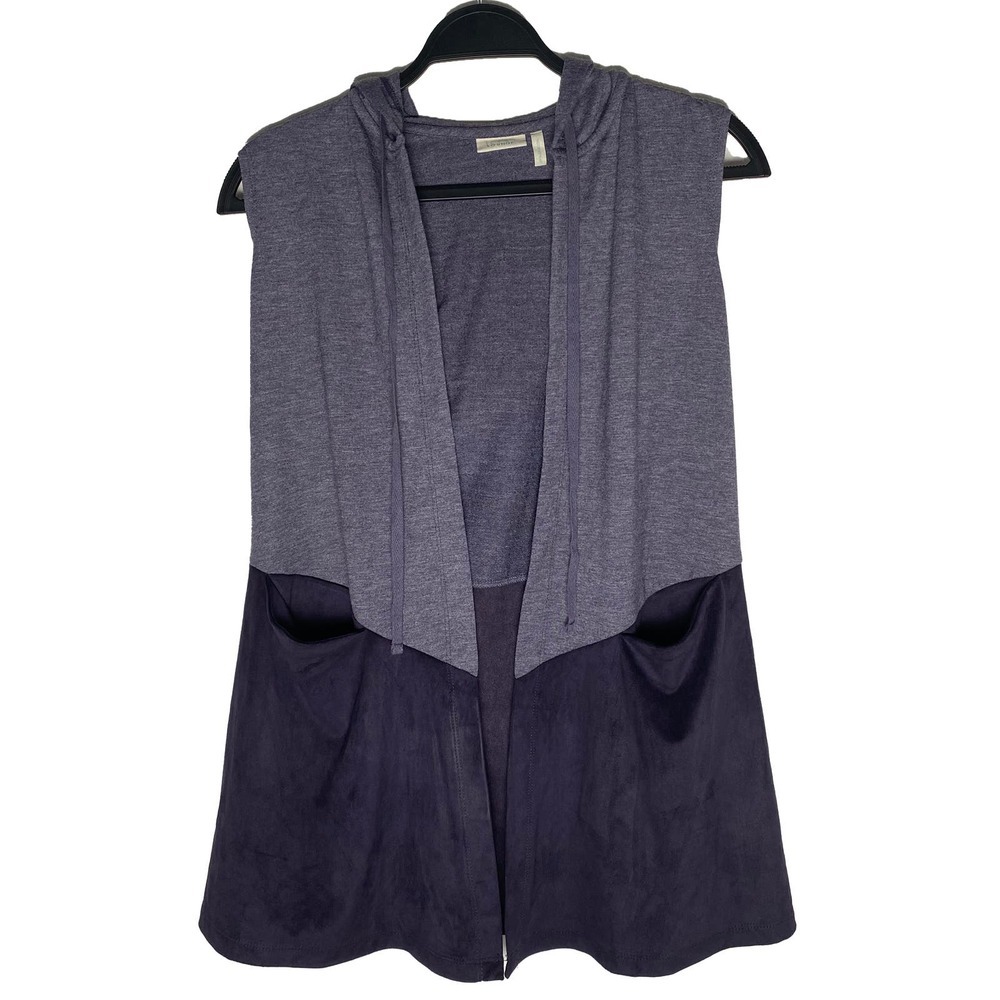 LOGO Lounge Lori Goldstein Women's Purple Hooded Sweatshirt Vest Knit Faux Suede